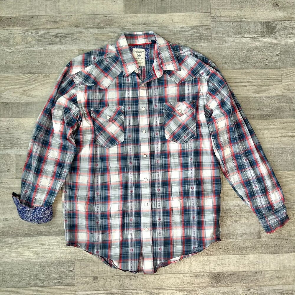 Panhandle Slim Rough Stock Blue Red Plaid Pearl Snap Men's I21